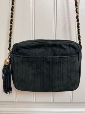 Vintage Browns Dark Green Suede Camera Bag Shoulder Purse. 8.5” by 7.5” by 2.5”